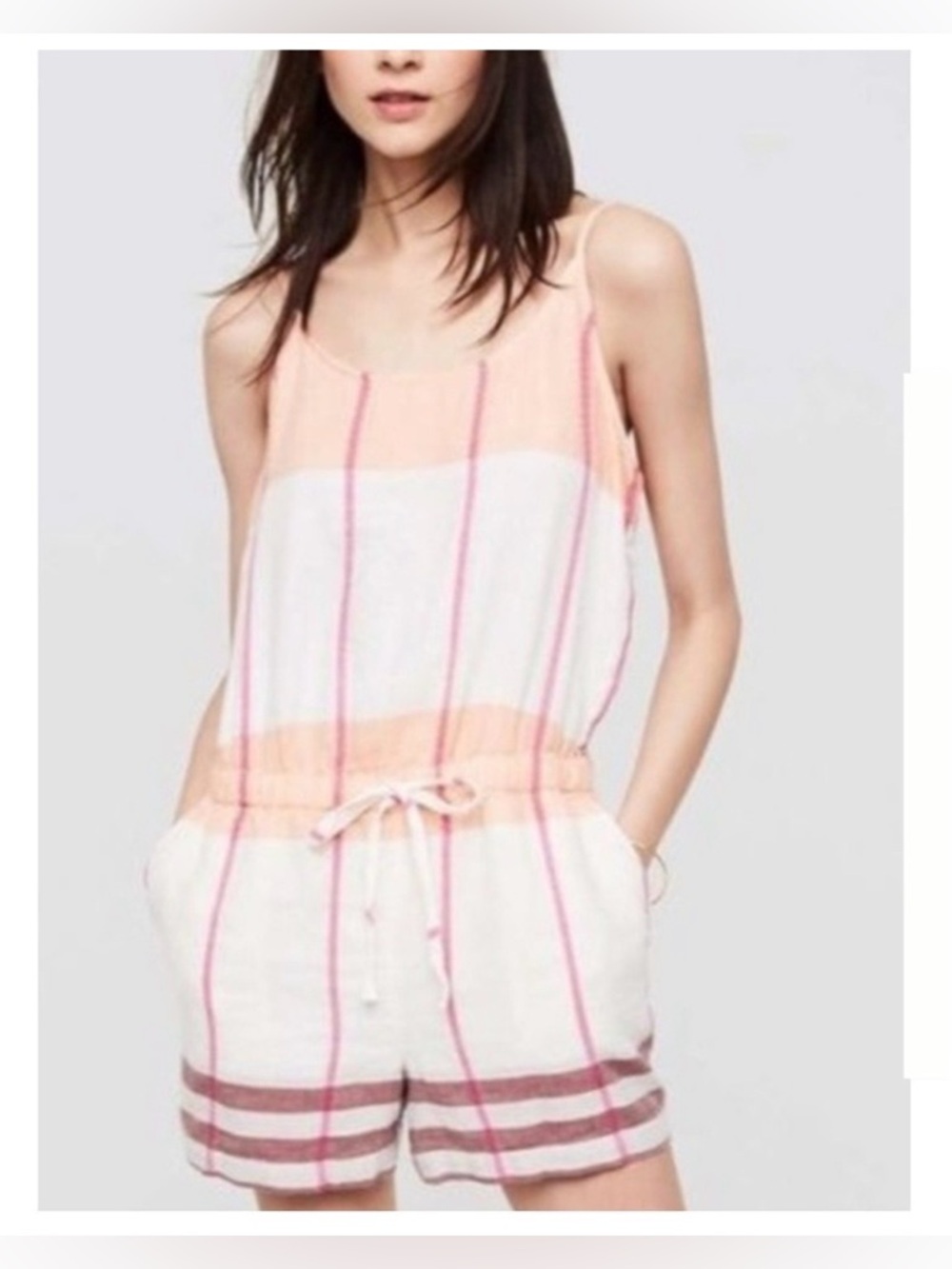 Lou & Grey Peach and Pink Striped Linen Romper. Size M